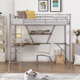 Metal Loft Bed with L-shaped Desk and Shelf, Silver(New)