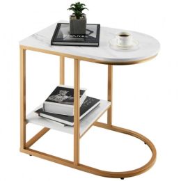 Versatile C-Shaped Mini Side Table With Gold Steel Frame And Faux Marble Top