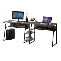 Home Office Two Person Desk with Open Bookshelf and Storage Shelf, Rustic Writing Desk Workstation ,Double Desk for Two Person(grey brown)  YJ