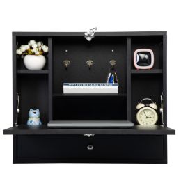 Wall Mounted Table Folding Laptop Desk Wall-Mount Writing Desk with Storage Shelves - black