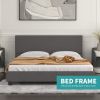 Full Size Mecor Upholstered Linen Full Platform Bed Metal Frame with Wood Slat Support, Dark Grey--YS