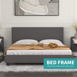 Full Size Mecor Upholstered Linen Full Platform Bed Metal Frame with Wood Slat Support, Dark Grey--YS