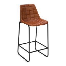 DunaWest 29 Inch Bar Height Chair, Square Tufted Genuine Leather Seat, Metal Frame, Tan Brown, Black