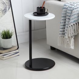 conifferism Small Side Table for Sofa White Faux Marble Metal C-Table Round Tray C Shaped Side Table for Living Room,Snack End Table Under Couch