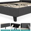 Full Size Mecor Upholstered Linen Full Platform Bed Metal Frame with Wood Slat Support, Dark Grey--YS