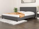 Full Size Mecor Upholstered Linen Full Platform Bed Metal Frame with Wood Slat Support, Dark Grey--YS
