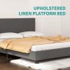 Full Size Mecor Upholstered Linen Full Platform Bed Metal Frame with Wood Slat Support, Dark Grey--YS