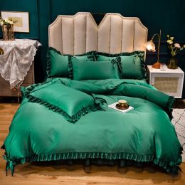 Summer Washed Ice Silk Bed Skirt Style Four-Piece Suit (Color: FanghuaSapphire Green, size: 1.5m bed sheet suitable for2)