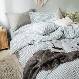 Ins Wind Milk Tea Color Cotton 1.8-bed Quilt Cover Bedding Beige Plaid Washed Cotton Double Bed Single Four-piece Set (style: Flat sheet, Color-Bedding Size: Light blue-1.2m)