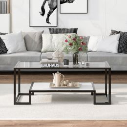Modern, Minimalist Design Living Room Coffee Table, Metal with Stained White Tempered Glass, 2-Tier Sofa Cocktail Tables (Color: Black)
