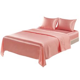 4 Pcs Smooth Satin Silk Sheet Set Deep Pocket Bed Sheet Wrinkle Fade Resistant (Color: Pink, size: Twin)