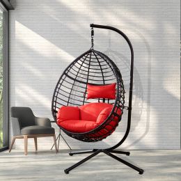 {Only Pick Up} Outdoor Furniture, PE Rattan Hanging Swing Chair With Stand, Water-resistant Cushion (Color: Red)