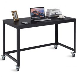 Wood Top Metal Frame Rolling Computer Desk Laptop Table (Color: Black)