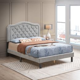 Upholstered Bed Button Tufted with Curve Design - Strong Wood Slat Support - Easy Assembly - Gray Velvet - platform bed - Queen (Color: as picture)
