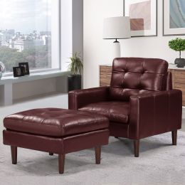 Modern Air Leather and PVC Accent Sofa Chair and Ottoman for Living Room Hotel (Color: Red)