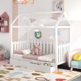 Twin Size House Bed with drawers, Fence-shaped Guardrail (Color: White)