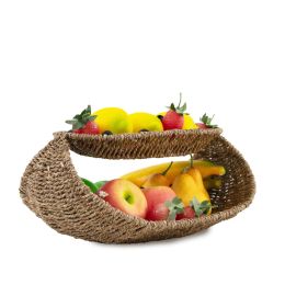 2 Tier Tray Fruit Holder | Decorative Tabletop for Food, Snack Cover for Dinning Room and Home Decor (Material: Seagrass)