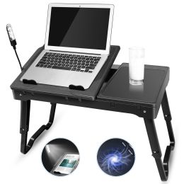 Foldable Laptop Table Bed Notebook Desk with Cooling Fan Mouse Board LED light 4 xUSB Ports Breakfast Snacking Tray (Color: Black)