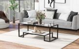 Modern, Minimalist Design Living Room Coffee Table, Metal with Stained White Tempered Glass, 2-Tier Sofa Cocktail Tables